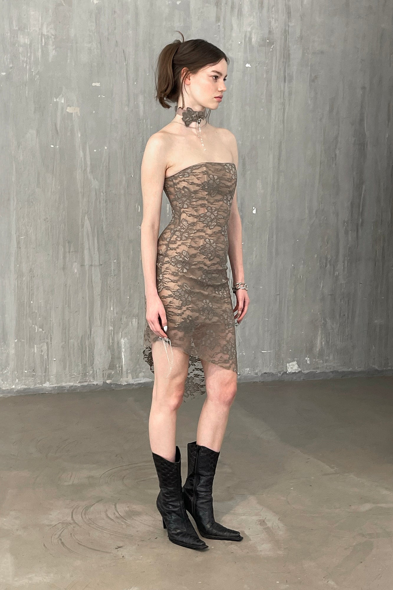 silver grey lace dress Long Sleeve Lace Silver Tea Length Mother of the Bride Dress US2 / Silver